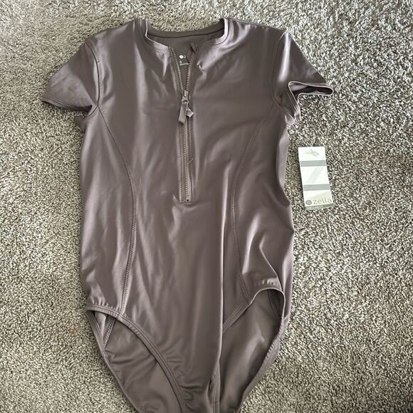 NWT Zella Brown Front Half Zip Bodysuit small - Picture 2 of 4